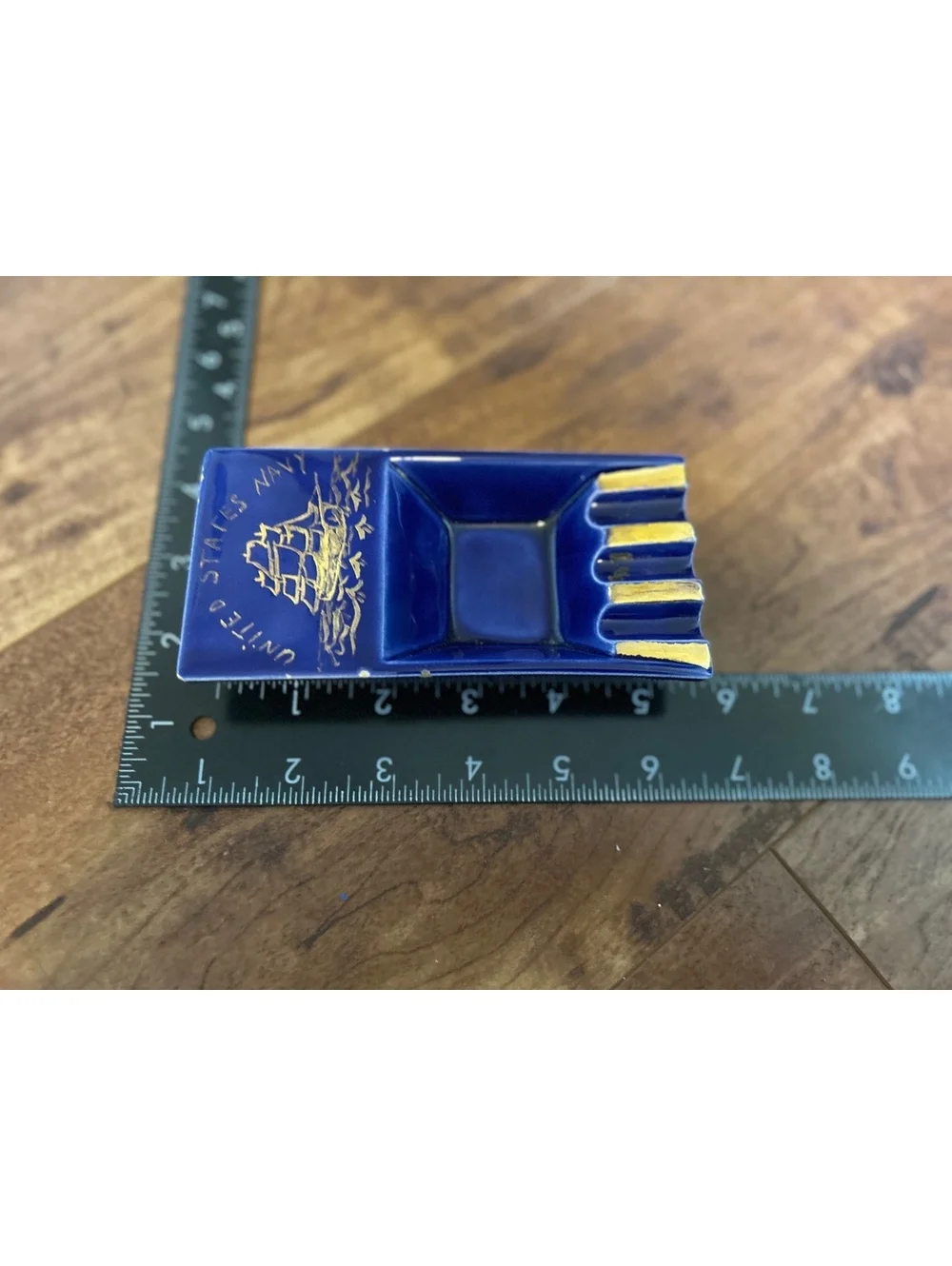 Vintage United States Navy Blue Ceramic Ashtray with Gold Ship Design